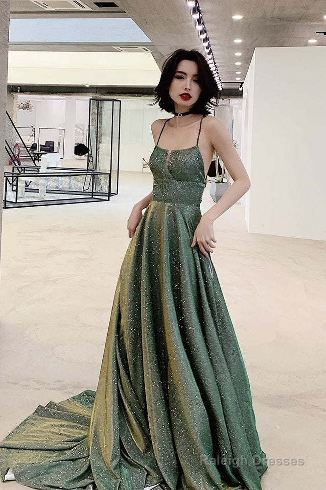 Lovely Green Backless Long Shiny Prom Dress Party Dress, Green Evening Dresses