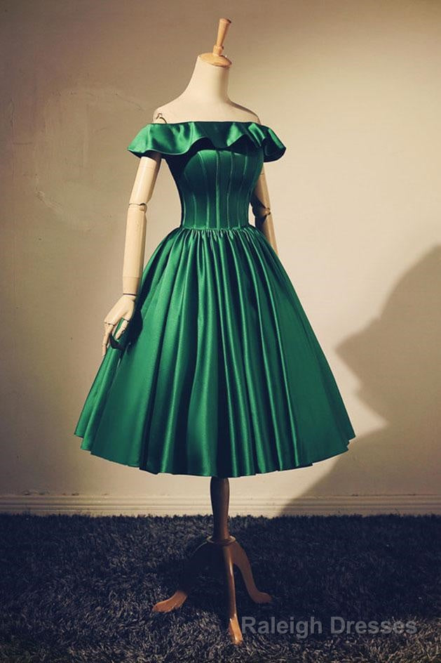Lovely Green Satin Off Shoulder Knee Length Homecoming Dress, Short Prom Dress Main image