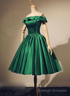 Lovely Green Satin Off Shoulder Knee Length Homecoming Dress, Short Prom Dress