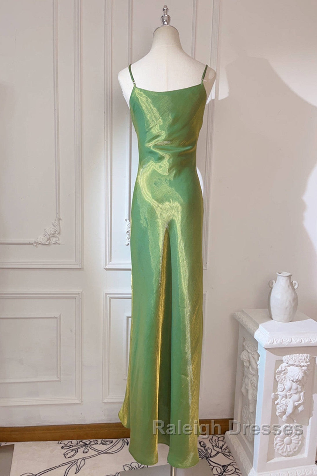 Lovely Green Straps Long Formal Dress, Green Satin Party Dress Evening Dress Secondary image