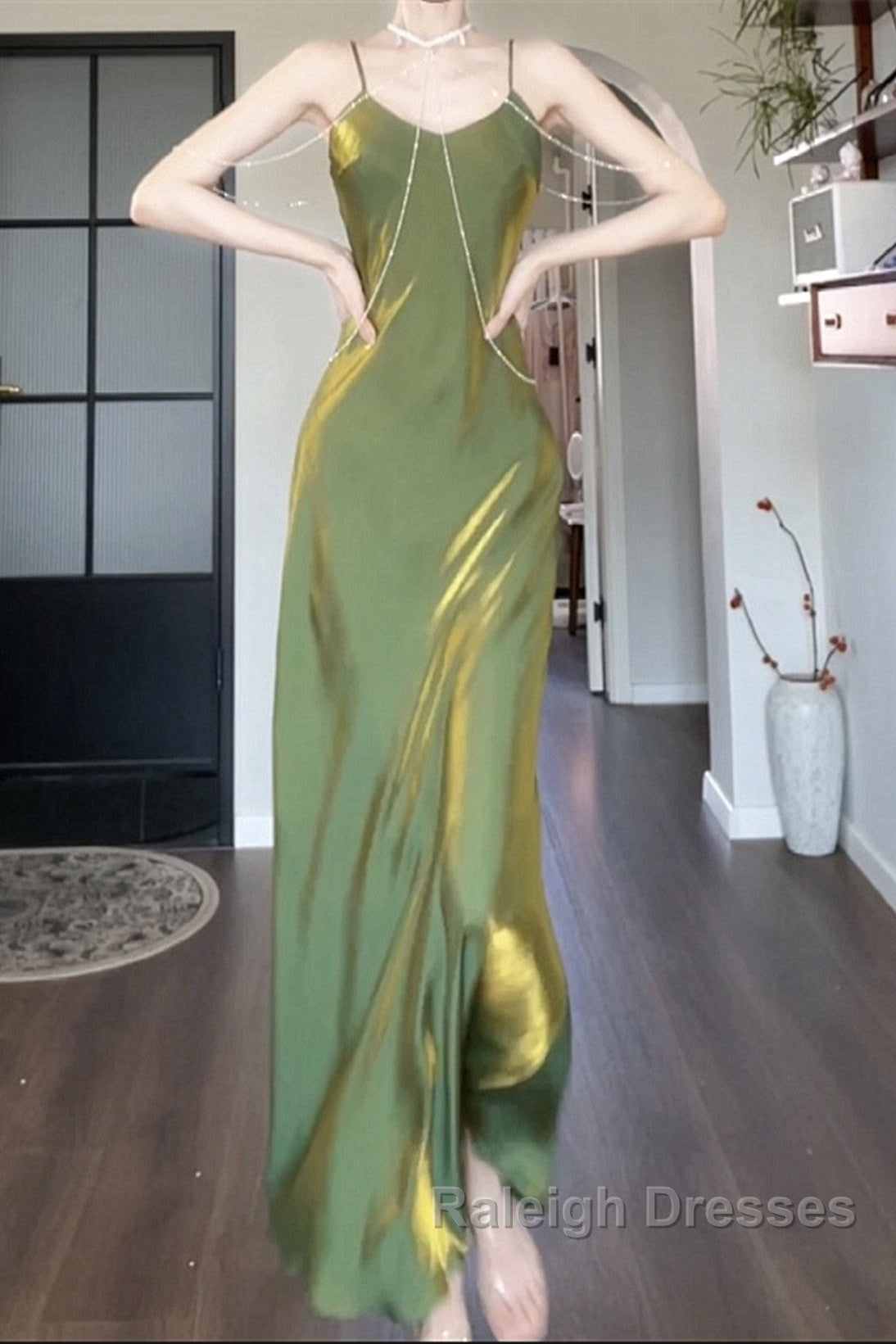 Lovely Green Straps Long Formal Dress, Green Satin Party Dress Evening Dress