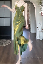 Lovely Green Straps Long Formal Dress, Green Satin Party Dress Evening Dress