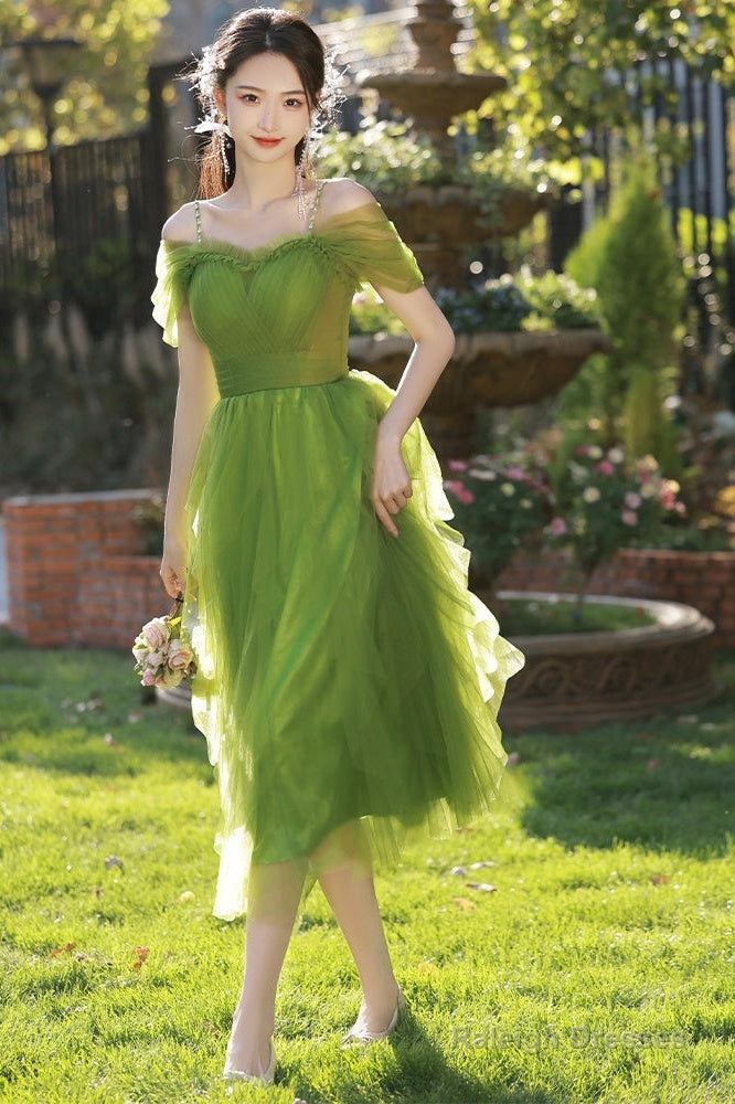Lovely Green Tulle Beaded Straps Short Party Dress, Green Short Homecoming Dress