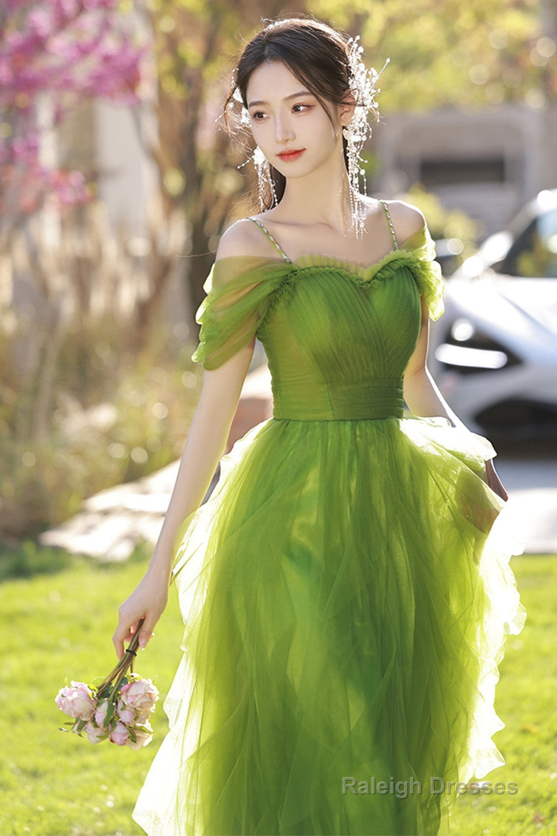 Lovely Green Tulle Beaded Straps Short Prom Dresses Green Short Homecoming Dresses