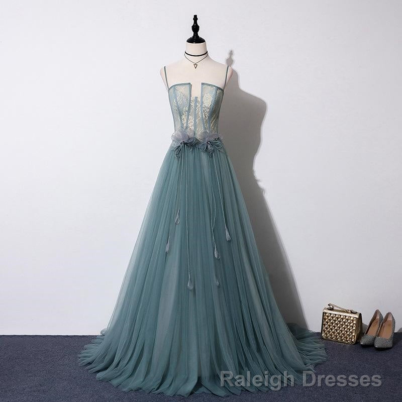Lovely Green Tulle Lace Top Long Strapless Handmade Prom Dress,Tulle Evening Dress Party Dress
