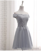 Lovely Grey Short Tulle Party Dress with Lace Applique, Bridesmaid Dresses  Cute Formal Dress