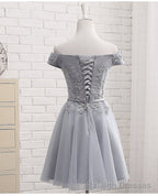 Lovely Grey Short Tulle Prom Dress with Lace Applique, Bridesmaid Dresses Cute Formal Dress
