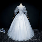Lovely Grey Tulle Puffy Sleeves with Lace Long Formal Dress, Sweet 16 Dresses