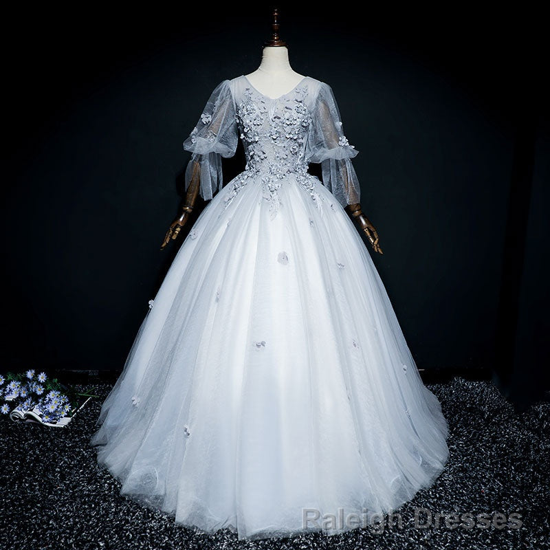 Lovely Grey Tulle Puffy Sleeves with Lace Long Formal Dress, Sweet 16 Dresses