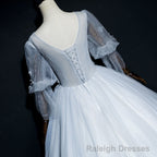 Lovely Grey Tulle Puffy Sleeves with Lace Long Formal Dress, Sweet 16 Dresses