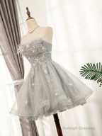Lovely Grey Tulle With Shiny Lace Short Party Dress Homecoming Dress, Cute Prom Dress