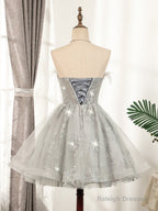 Lovely Grey Tulle With Shiny Lace Short Party Dress Homecoming Dress, Cute Prom Dress