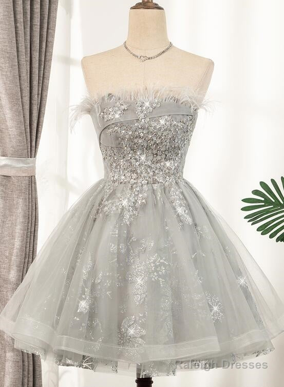Lovely Grey Tulle With Shiny Lace Short Party Dress Homecoming Dress, Cute Prom Dress Main image