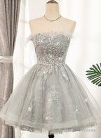 Lovely Grey Tulle With Shiny Lace Short Party Dress Homecoming Dress, Cute Prom Dress