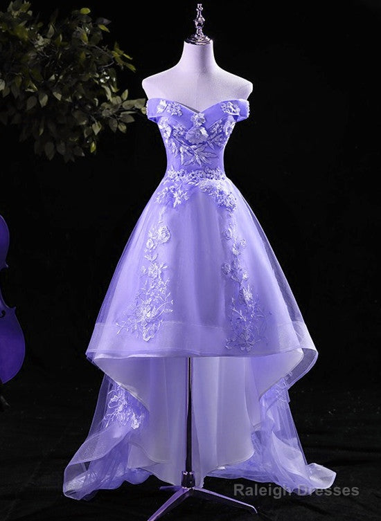 Lovely High Low Tulle Lace Applique Party Dress, Off Shoulder Homecoming Dresses Secondary image