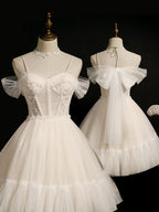Lovely Ivory Tulle Straps Sweetheart Homecoming Dresses With Bow Short Prom Dresses Prom Dresses