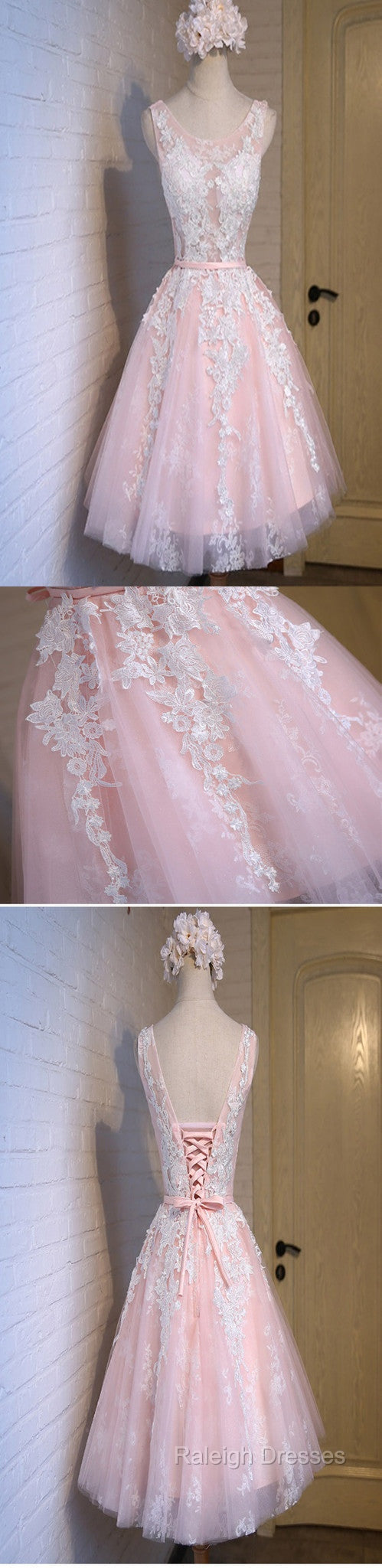 Lovely Junior Pink White Lace Appliques Lace Up Back Sleeveless Homecoming Dress Secondary image