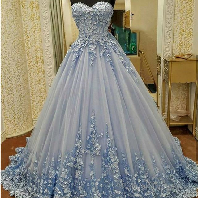 Lovely Lace Appliques Sweetheart Light Blue Ball Gowns Wedding Dresses