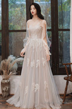 Lovely Lace Long A-Line Prom Dresses Long Sleeve Prom Dresses