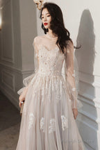 Lovely Lace Long A-Line Formal Dress, Long Sleeve Evening Dress