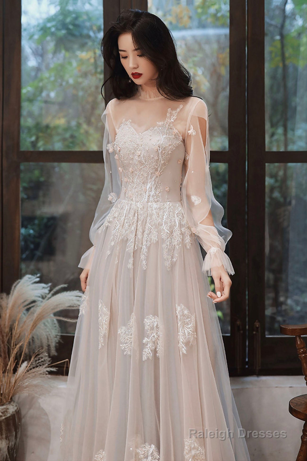 Lovely Lace Long A-Line Formal Dress, Long Sleeve Evening Dress