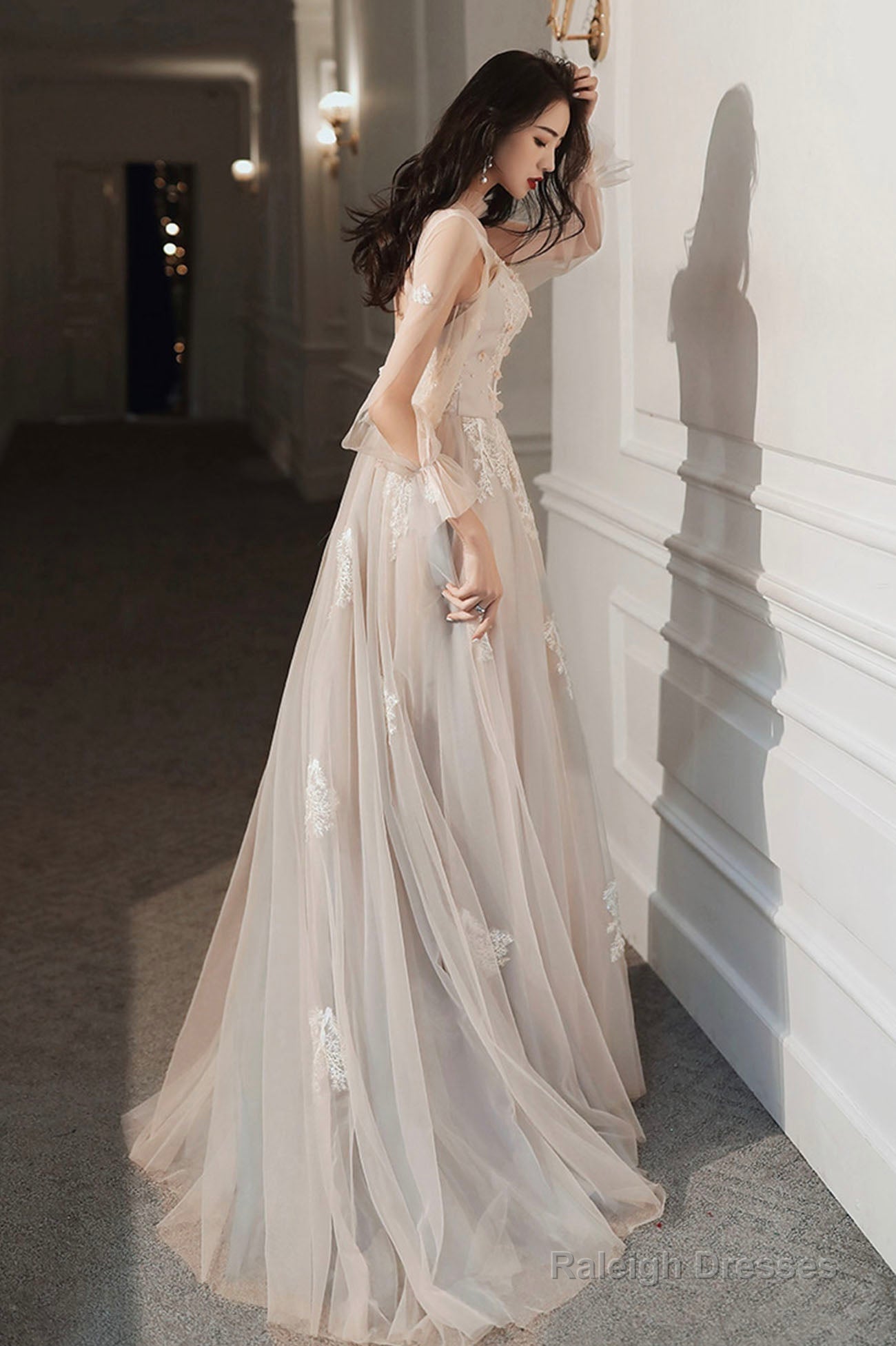 Lovely Lace Long A-Line Prom Dresses Long Sleeve Prom Dresses