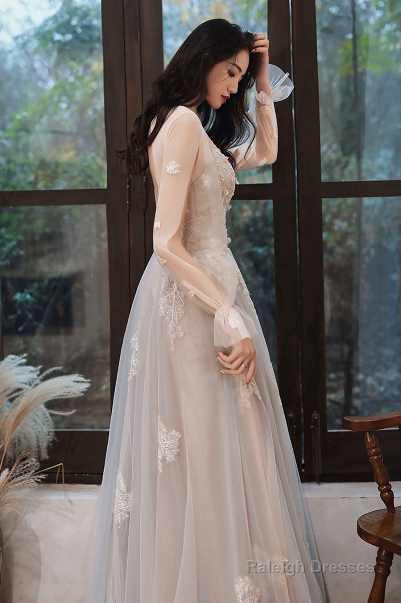 Lovely Lace Long A-Line Prom Dresses Long Sleeve Prom Dresses