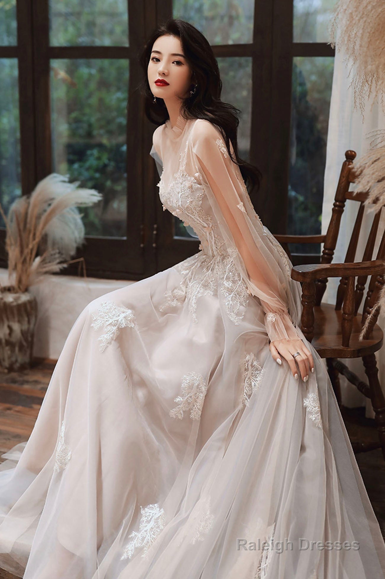 Lovely Lace Long A-Line Formal Dress, Long Sleeve Evening Dress