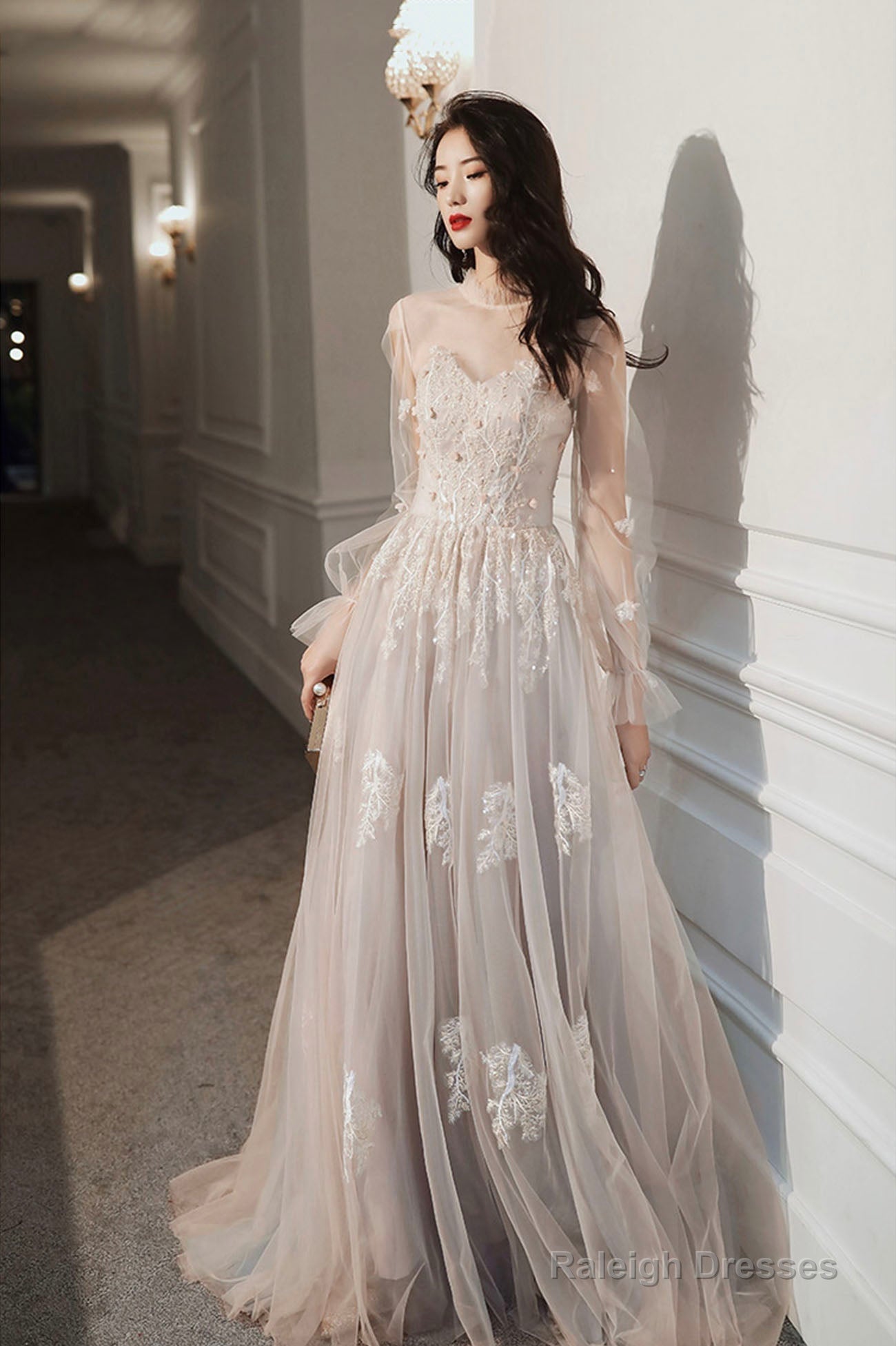 Lovely Lace Long A-Line Formal Dress, Long Sleeve Evening Dress Main image