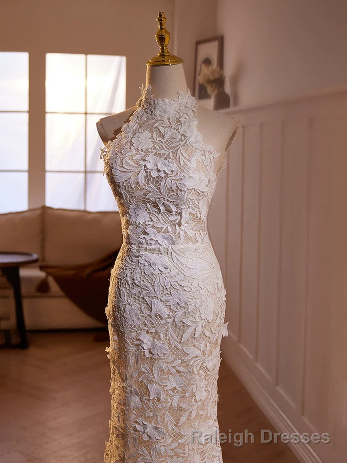 Lovely Lace Mermaid Halter Open Back Wedding Prom Dress, Lace Long Formal Dress