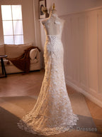 Lovely Lace Mermaid Halter Open Back Wedding Prom Dress, Lace Long Formal Dress