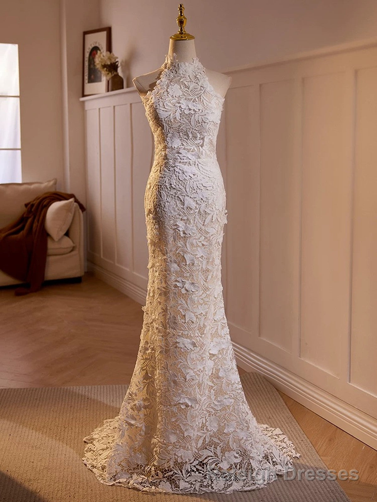 Lovely Lace Mermaid Halter Open Back Wedding Party Dress, Lace Long Formal Dress Main image