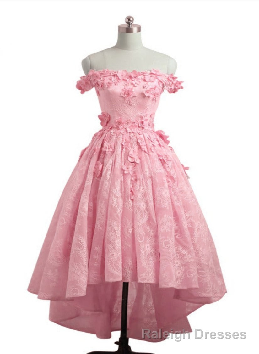 Lovely Lace Off Shoulder Pink Homecoming Dress, High Low Formal Dress Secondary image