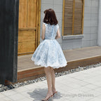 Lovely Lace Tulle Short High Neckline Homecoming Dress, Lace Short Party Dress Prom Dress