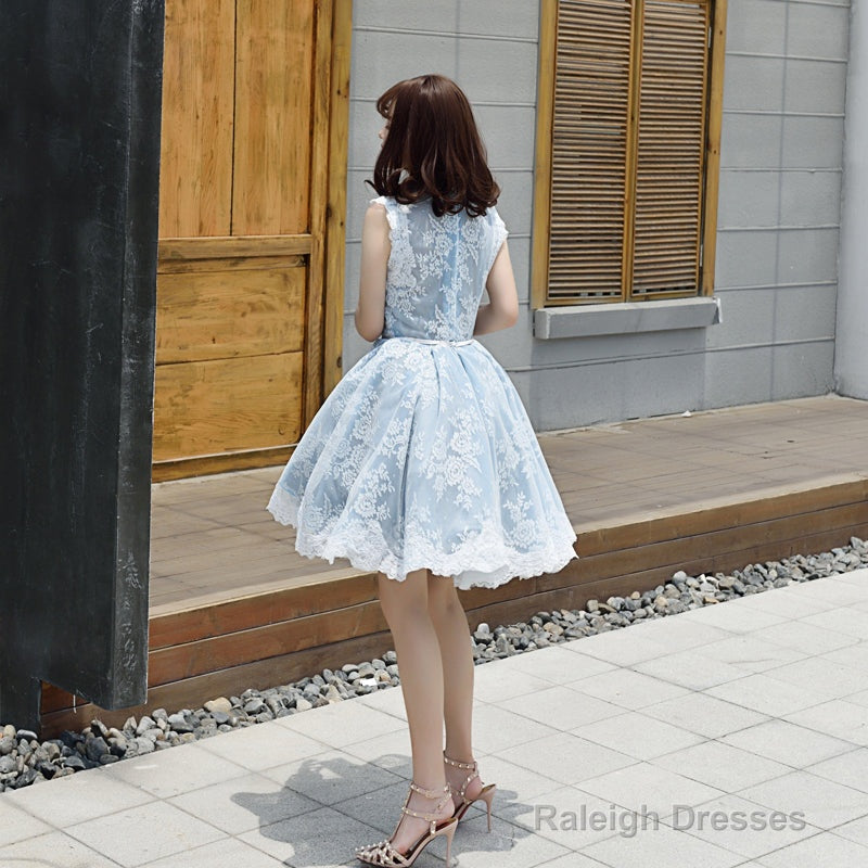 Lovely Lace Tulle Short High Neckline Homecoming Dresses Lace Short Prom Dresseses