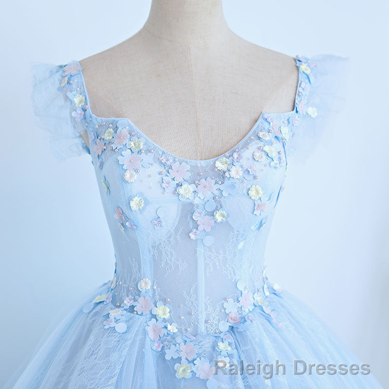 Lovely Light Blue Lace Cap Sleeve Sweet 16 Prom Dress, Evening Dress