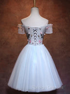Lovely Light Blue Tulle Knee Length Homecoming Dress, Cute Floral Party Dress