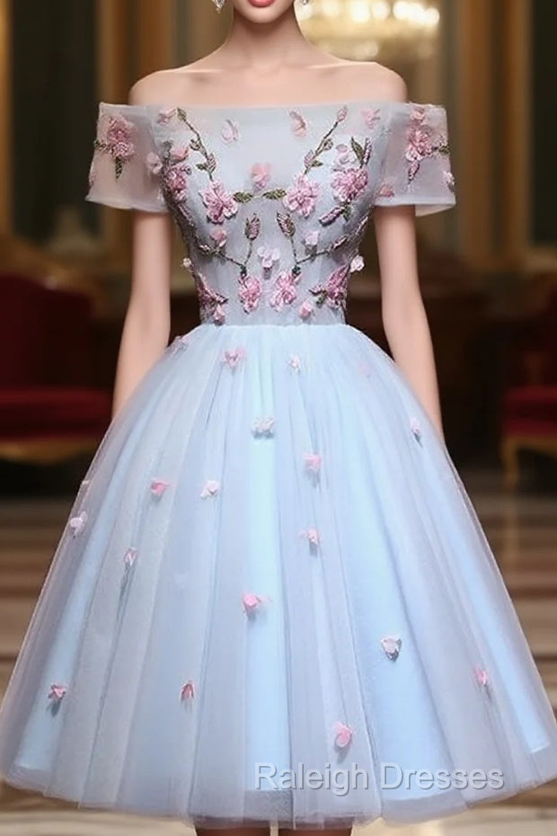 Lovely Light Blue Tulle Knee Length Homecoming Dress, Cute Floral Party Dress Main image
