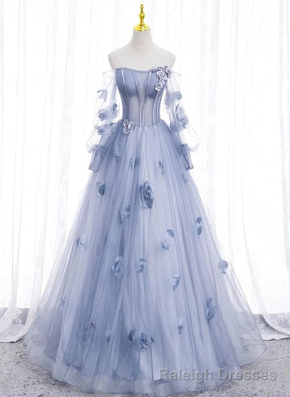 Lovely Light Blue Tulle Long Sleeves Sweet 16 Dress, Light Blue Flowers Formal Dress. Secondary image