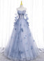 Lovely Light Blue Tulle Long Sleeves Sweet 16 Dress, Light Blue Flowers Formal Dress.