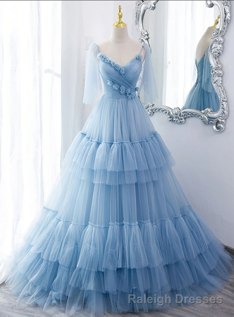 Lovely Light Blue Tulle with Straps Layers Long Formal Dresses, Blue Evening Gown Party Dresses Secondary image