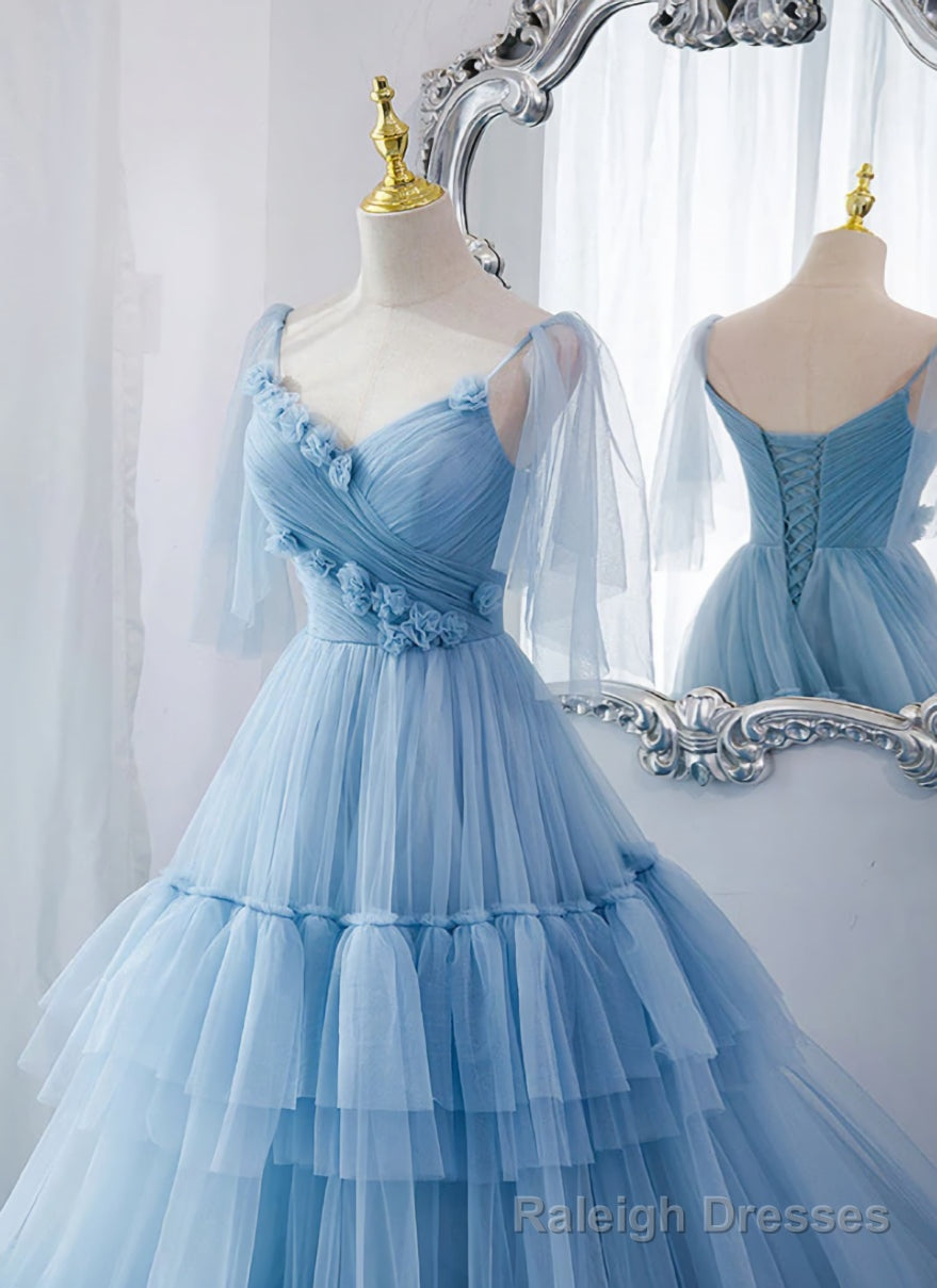 Lovely Light Blue Tulle with Straps Layers Long Formal Dresses, Blue P