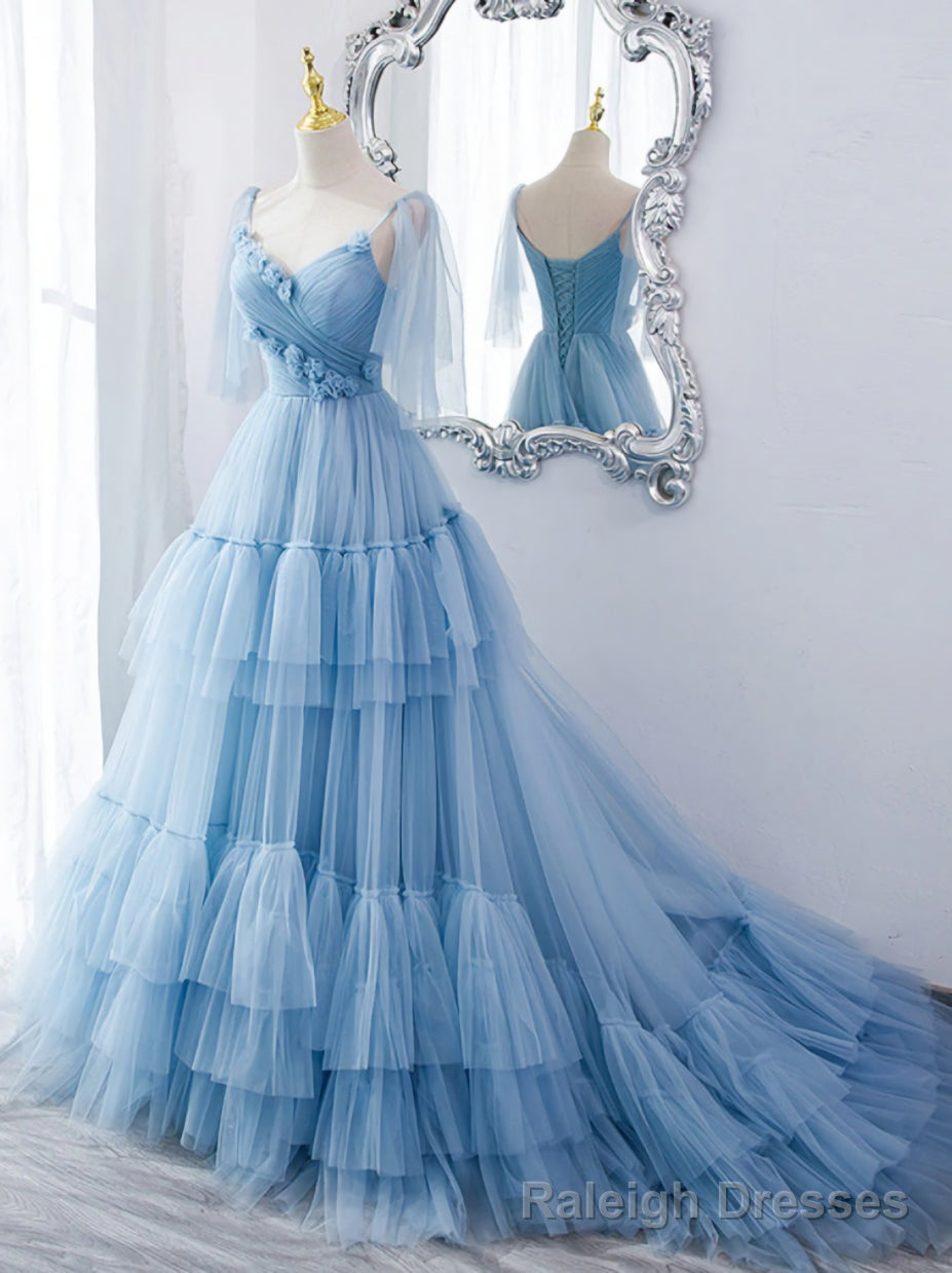 Lovely Light Blue Tulle with Straps Layers Long Formal Dresses, Blue Evening Gown Party Dresses Main image