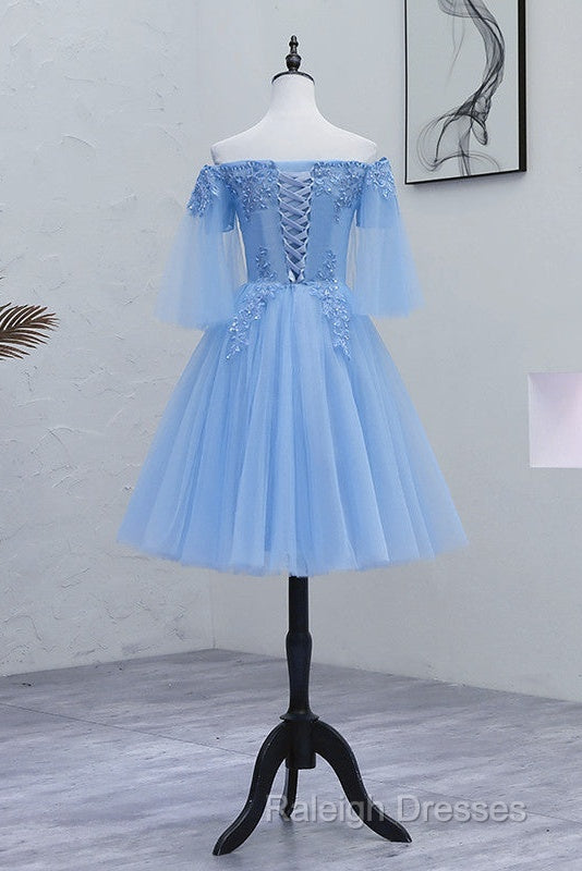 Lovely Light Blue With Lace Off Shoulder Short Prom Dress, Blue Homecoming Dresses