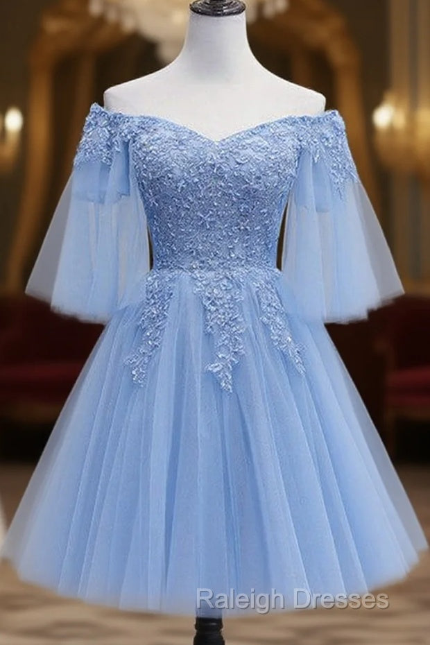 Lovely Light Blue With Lace Off Shoulder Short Prom Dress, Blue Homecoming Dresses Main image