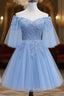 Lovely Light Blue With Lace Off Shoulder Short Prom Dress, Blue Homecoming Dresses
