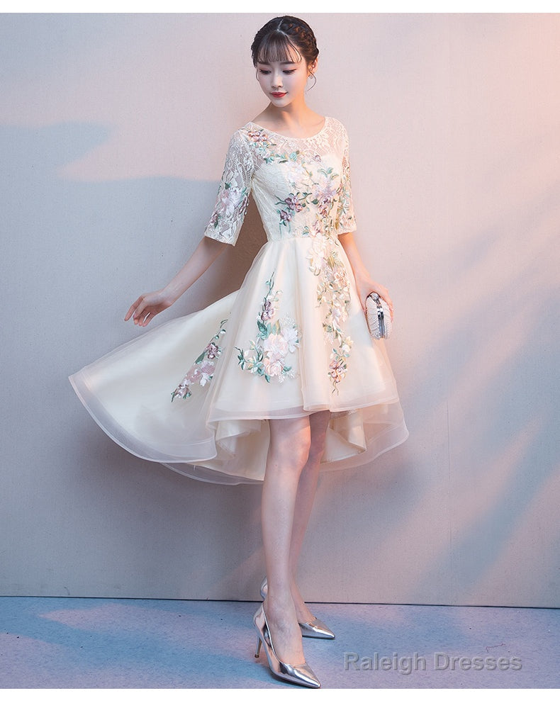 Lovely Light Champagne Tulle With Lace Applique Short Sleeves Party Dresses, High Low Homecoming Dresses Secondary image