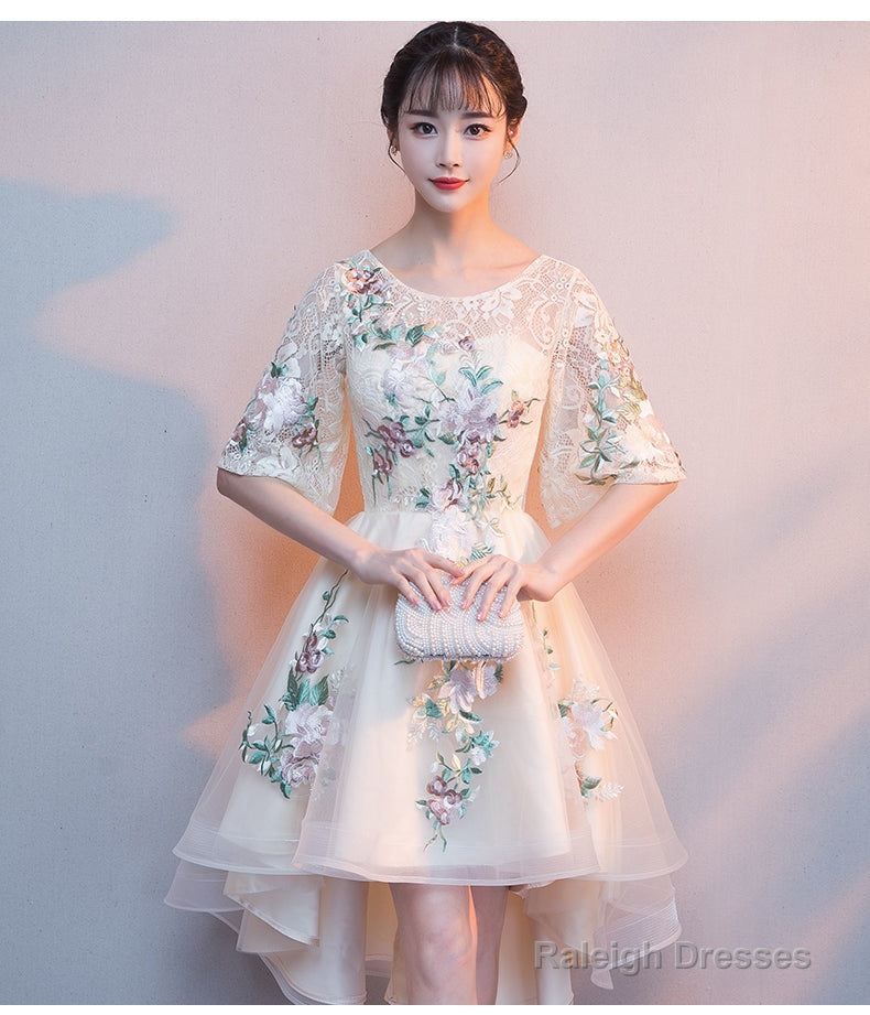 Lovely Light Champagne Tulle With Lace Applique Short Sleeves Prom Dress High Low Homecoming Dress