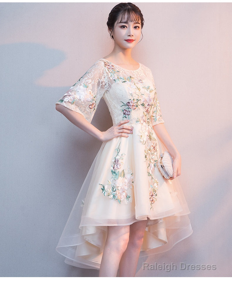 Lovely Light Champagne Tulle With Lace Applique Short Sleeves Prom Dress High Low Homecoming Dress