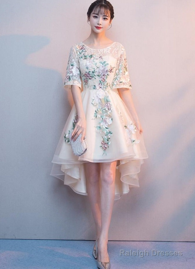 Lovely Light Champagne Tulle With Lace Applique Short Sleeves Prom Dress High Low Homecoming Dress Main image